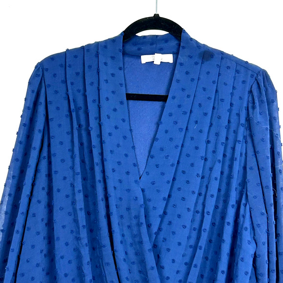 Beacon Apparel Blouse Womens 1X Navy Blue Swiss Dot Faux Wrap Long Sleeve - Picture 2 of 12
